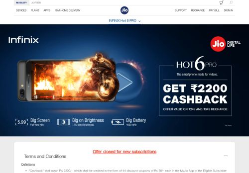 
                            13. Jio Infinix Hot 6 Pro Offer - Get cashback Rs2200 valid on jio recharge