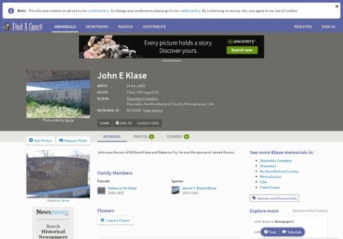 
                            10. John E Klase (1869-1937) - Find A Grave Memorial