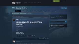 
                            1. JOINING FAILED (CONNECTION TIMEOUT) :: ARK: Survival Evolved ...