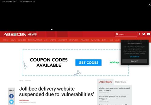 
                            8. Jollibee delivery website suspended due to 'vulnerabilities' | ABS ...