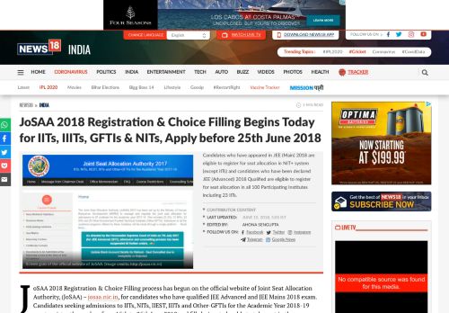 
                            10. JoSAA 2018 Registration & Choice Filling Begins Today for IITs, IIITs ...