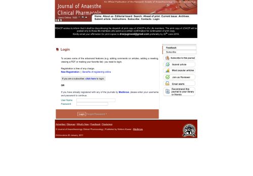 
                            5. Journal of Anaesthesiology Clinical Pharmacology : Login