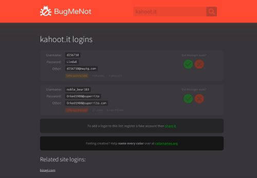 
                            8. kahoot.it passwords - BugMeNot