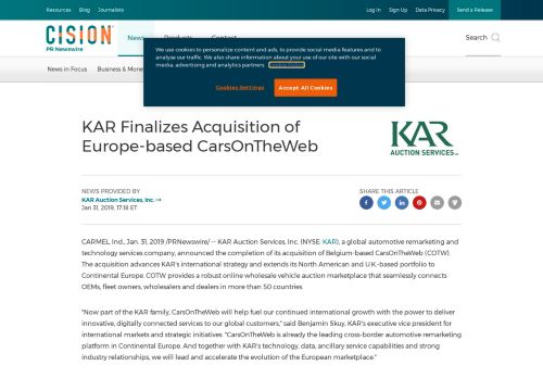 
                            7. KAR Finalizes Acquisition of Europe-based CarsOnTheWeb