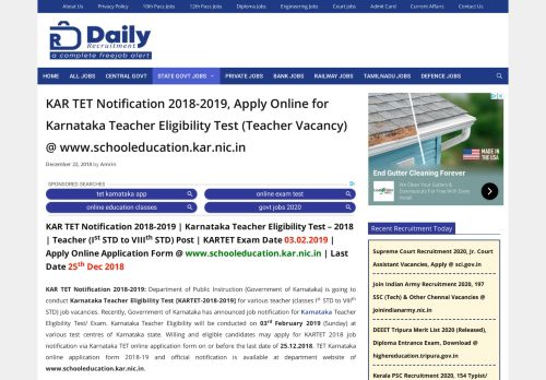 
                            2. KAR TET Notification 2018-2019, Apply Online for Karnataka Teacher ...