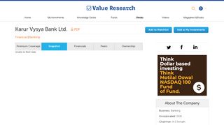 
                            13. Karur Vysya Bank Ltd. - Stock Snapshot - Value Research Online