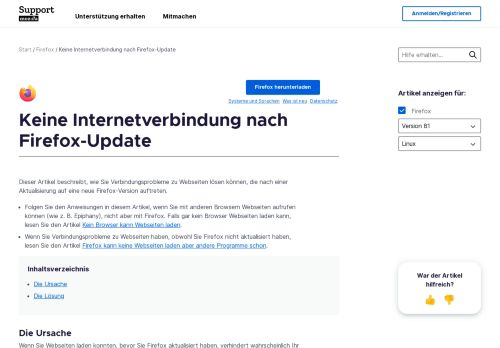 
                            2. Keine Internetverbindung nach Firefox-Update | Hilfe zu Firefox