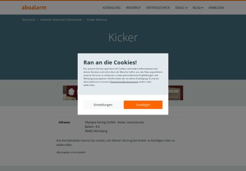 
                            10. Kicker Hotline, Anschrift, Faxnummer und E-Mail - Aboalarm