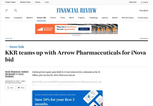 
                            8. KKR teams up with Arrow Pharmaceuticals for iNova bid