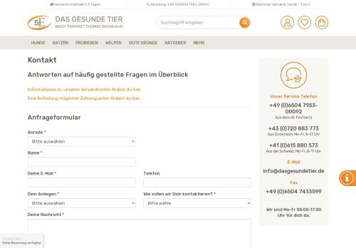 
                            2. Kontakt und Kundenservice - Das Gesunde Tier