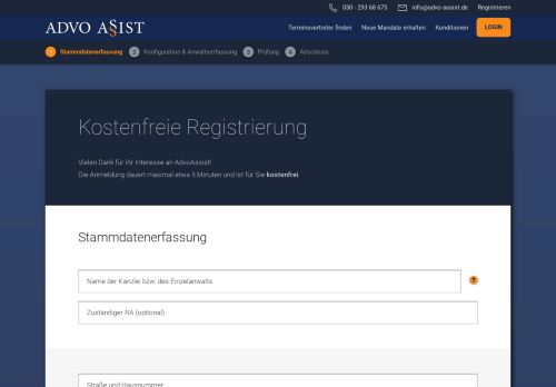 
                            3. Kostenfreie Registrierung - Advo Assist