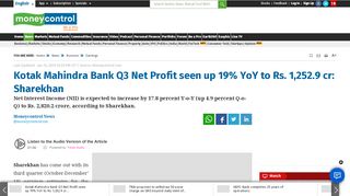 
                            13. Kotak Mahindra Bank Q3 Net Profit seen up 19% YoY to Rs. 1,252.9 cr ...