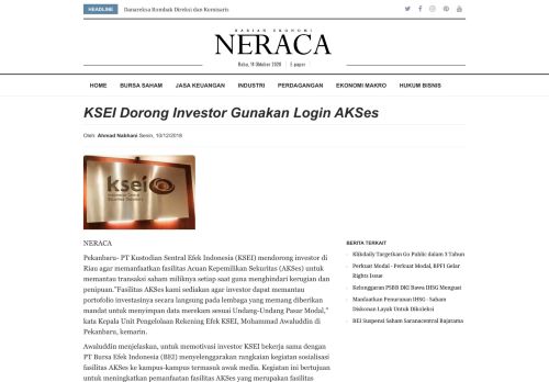 
                            8. KSEI Dorong Investor Gunakan Login AKSes - Harian Ekonomi Neraca