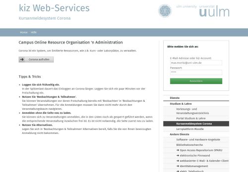 
                            10. Kursanmeldesystem Corona - kiz Web-Services - Uni Ulm