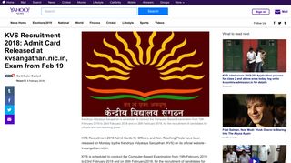 
                            8. KVS Recruitment 2018: Admit Card Released at ... - Yahoo News India