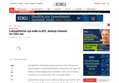 
                            13. LafargeHolcim ups stake in ACC, Ambuja Cements for $320 mn ...