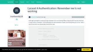 
                            11. Laravel 4 Authentication: Remember me is not working | Laravel.io