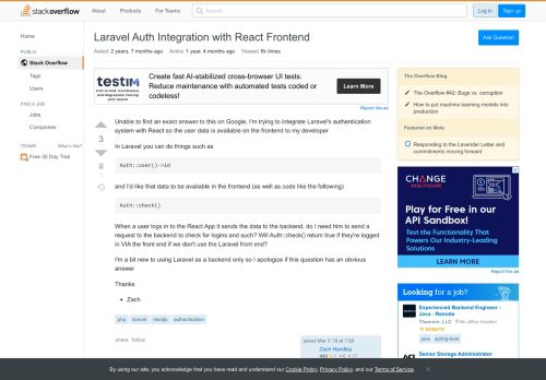 
                            4. Laravel Auth Integration with React Frontend - Stack Overflow