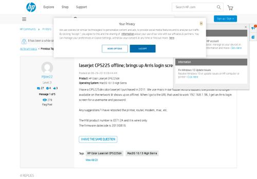
                            12. laserjet CP5225 offline; brings up Arris login screen - HP Support ...