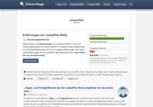 
                            9. LeasePlan Bank Erfahrungen (7 Berichte) - Kritische Anleger