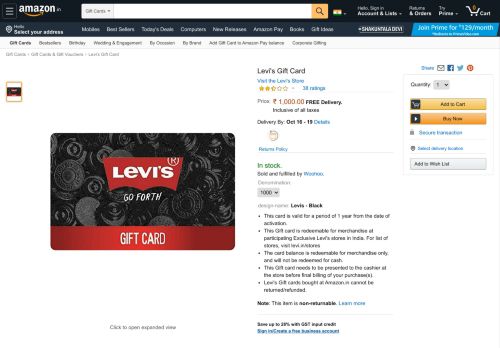 
                            6. Levi's Gift Card - Rs.1000: Amazon.in: Gift Cards