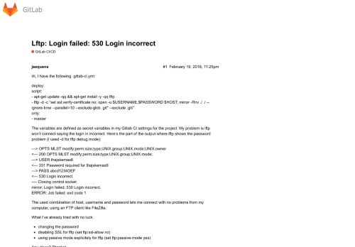 
                            12. Lftp: Login failed: 530 Login incorrect - GitLab CI - GitLab Forum