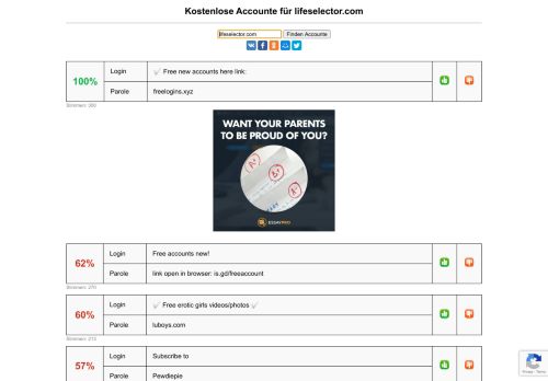 
                            7. lifeselector.com - kostenlose Accounte, Parolen und Logine