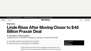 
                            13. Linde Rises After Moving Closer to $45 Billion Praxair Deal ...