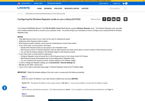 
                            2. Linksys Official Support - Configuring the Wireless Repeater mode on ...