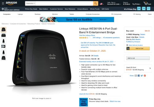 
                            11. Linksys WES610N 4-Port Dual-Band N Entertainment Bridge