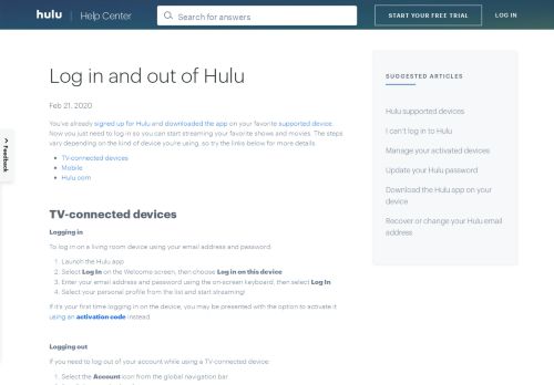 
                            2. Log in and out of Hulu - Hulu Help
