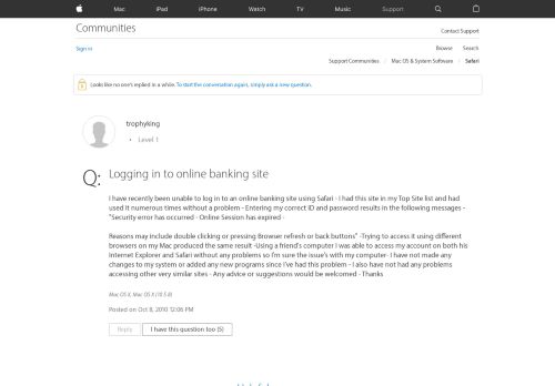 
                            7. Logging in to online banking site - Apple Community
