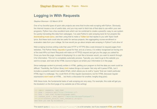 
                            7. Logging in With Requests • Stephen Brennan