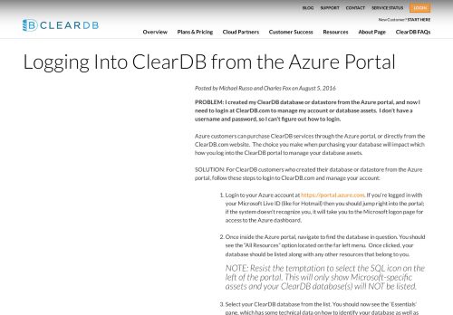 
                            11. Logging Into ClearDB from the Azure Portal – ClearDB