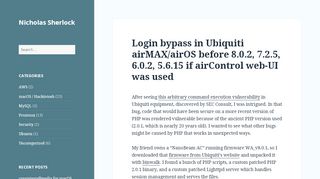 
                            11. Login bypass in Ubiquiti airMAX/airOS before 8.0.2, 7.2.5, 6.0.2, 5.6.15 ...