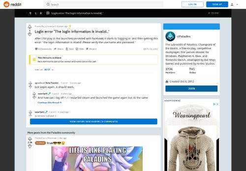 
                            11. Login error 'The login information is invalid..' : Paladins - Reddit