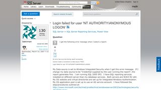 
                            1. Login failed for user 'NT AUTHORITY\ANONYMOUS LOGON' - MSDN ...