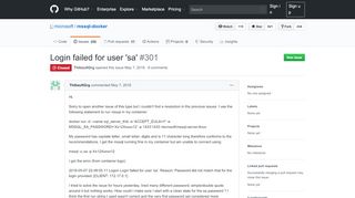 
                            1. Login failed for user 'sa' · Issue #301 · Microsoft/mssql-docker · GitHub