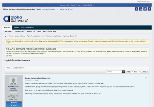 
                            8. Login Information Incorrect - Alpha Software Message Board
