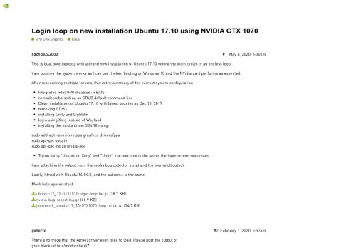 
                            5. Login loop on new installation Ubuntu 17.10 using NVIDIA GTX 1070 ...
