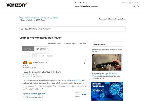 
                            6. Login to Actiontec MI424WR Router - Verizon Fios Community ...
