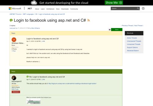 
                            10. Login to facebook using asp.net and C# | The ASP.NET Forums