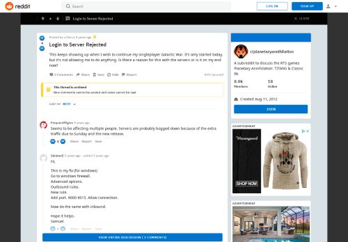 
                            6. Login to Server Rejected : planetaryannihilation - Reddit