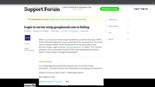 
                            1. Login to server smtp.googlemail.com is failing. | Thunderbird Support ...