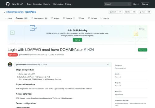 
                            9. Login with LDAP/AD must have DOMAIN/user · Issue #1424 ... - GitHub