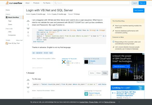 
                            12. Login with VB.Net and SQL Server - Stack Overflow