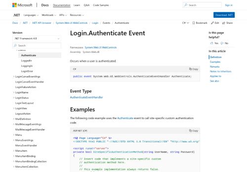 
                            1. Login.Authenticate Event (System.Web.UI.WebControls) | Microsoft Docs