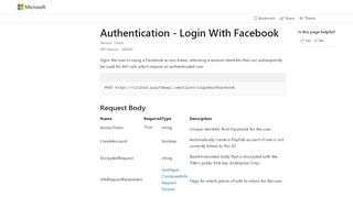 
                            13. LoginWithFacebook - PlayFab Client API - PlayFab Documentation