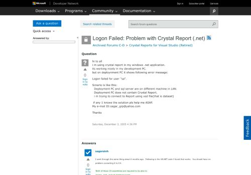 
                            6. Logon Failed: Problem with Crystal Report (.net) - MSDN - Microsoft