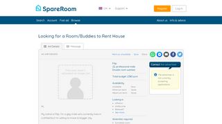 
                            10. 'Looking for a Room/Buddies to Rent House' Flatmate from SpareRoom